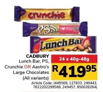CADBURY Lunch Bar, PS, Crunchie OR Aastro’s Large Chocolates