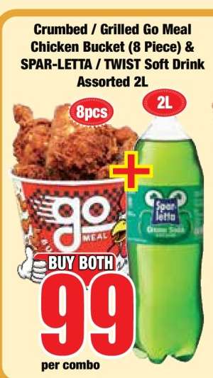 Crumbed / Grilled Go Meal Chicken Bucket (8 Piece) & SPAR-LETTA / TWIST Soft Drink Assorted 2L