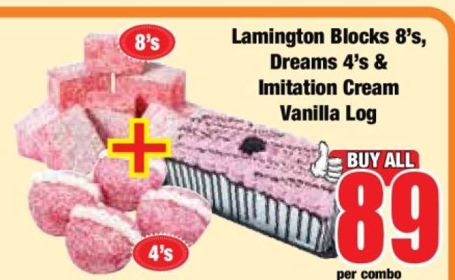 Lamington Blocks 8's, Dreams 4's & Imitation Cream Vanilla Log