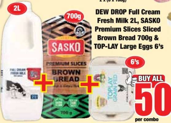 DEW DROP Full Cream Fresh Milk 2L, SASKO Premium Slices Sliced Brown Bread 700g & TOP-LAY Large Eggs 6's