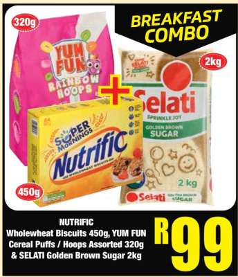 NUTRIFIC Wholewheat Biscuits 450g, YUM FUN Cereal Puffs / Hoops Assorted 320g & SELATI Golden Brown Sugar 2kg