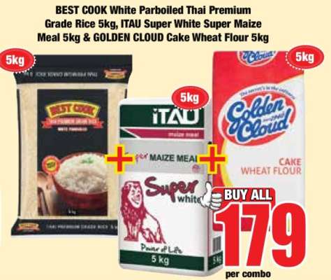 BEST COOK White Parboiled Thai Premium Grade Rice 5kg, ITAU Super White Super Maize Meal 5kg & GOLDEN CLOUD Cake Wheat Flour 5kg