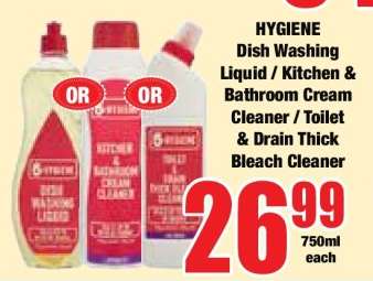 HYGIENE Dish Washing Liquid / Kitchen & Bathroom Cream Cleaner / Toilet & Drain Thick Bleach Cleaner