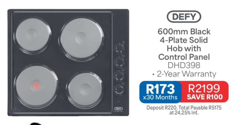 DEFY 600mm Black 4-Plate Solid Hob with Control Panel DHD398