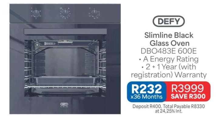 DEFY Slimline Black Glass Oven DBO483E 600E