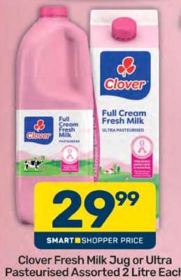 Clover Fresh Milk Jug or Ultra Pasteurised Assorted 2 Litre Each