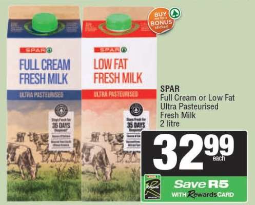 SPAR Full Cream or Low Fat Ultra Pasteurised Fresh Milk
