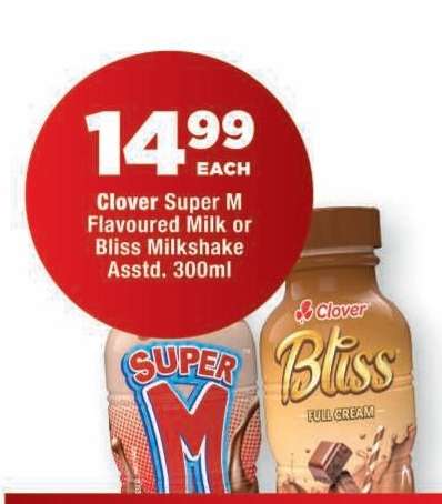 Clover Super M Flavoured Milk or Bliss Milkshake