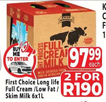 First Choice Long life Full Cream/Low Fat/Skim Milk 6x1L