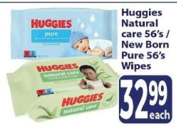 Huggies Natural care 56's / New Born Pure 56's Wipes