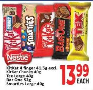 KitKat 4 finger 41.5g excl. KitKat Chunky 40g, Tex Large 40g, Bar One 52g, Smarties Large 40g