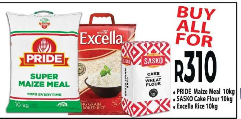 PRIDE Maize Meal 10kg, SASKO Cake Flour 10kg, Excella Rice 10kg