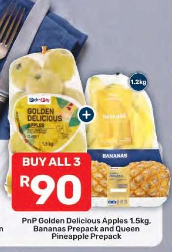 PnP Golden Delicious Apples 1.5kg, Bananas Prepack and Queen Pineapple Prepack