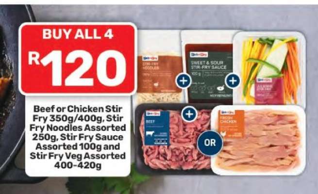 Beef or Chicken Stir Fry 350g/400g, Stir Fry Noodles Assorted 250g, Stir Fry Sauce Assorted 100g and Stir Fry Veg Assorted 400-420g
