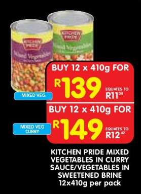 KITCHEN PRIDE MIXED VEGETABLES IN CURRY SAUCE/VEGETABLES IN SWEETENED BRINE