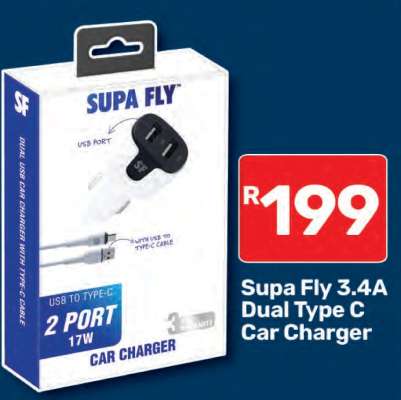 Supa Fly 3.4A Dual Type C Car Charger