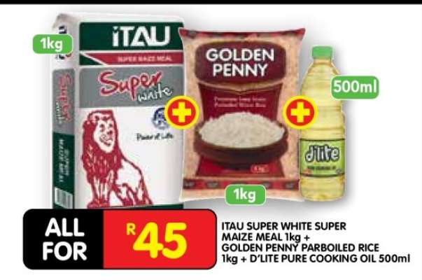 ITAU SUPER WHITE SUPER MAIZE MEAL 1kg + GOLDEN PENNY PARBOILED RICE 1kg + D'LITE PURE COOKING OIL 500ml