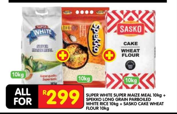 SUPER WHITE SUPER MAIZE MEAL 10kg + SPEKKO LONG GRAIN PARBOILED WHITE RICE 10kg + SASKO CAKE WHEAT FLOUR 10kg