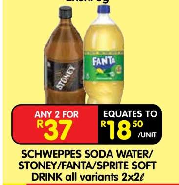 SCHWEPPES SODA WATER/STONEY/FANTA/SPRITE SOFT DRINK all variants 2x2ℓ