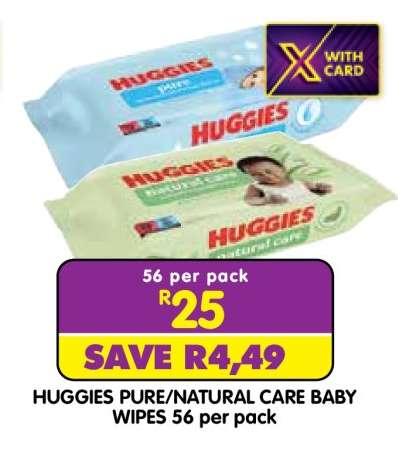 HUGGIES PURE/NATURAL CARE BABY WIPES 56 per pack