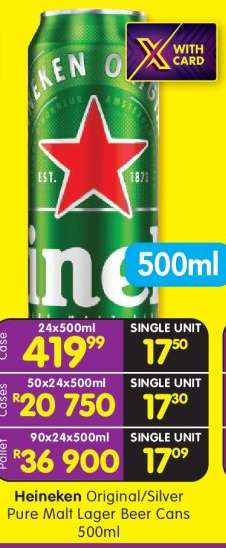 Heineken Original/Silver Pure Malt Lager Beer Cans 500ml