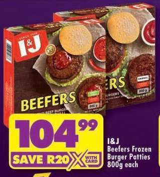 I&J Beefers Frozen Burger Patties 800g each