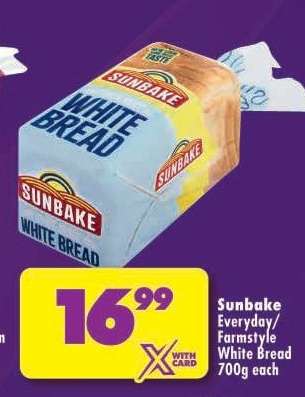 SUNBAKE EVERYDAY/FARMSTYLE WHITE BREAD 700g each