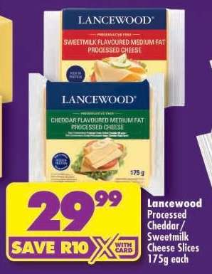 Lancewood Processed Cheddar/Sweetmilk Cheese Slices 175g each
