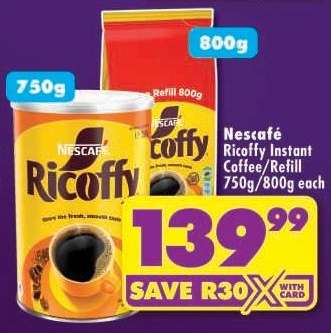 Nescafé Ricoffy Instant Coffee/Refill 750g/800g each
