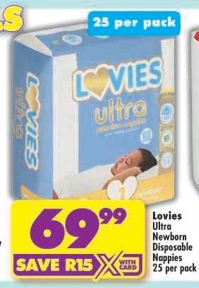 LOVIES ULTRA NEWBORN DISPOSABLE NAPPIES 25 per pack