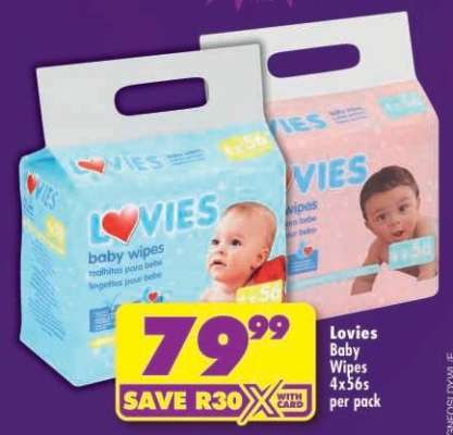 Lovies Baby Wipes 4x56s per pack