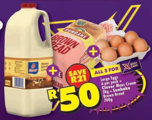 Large Eggs 6 per pack + Clover Maas Cream 2kg + Sunbake Brown Bread 700g