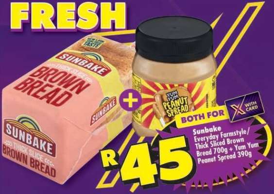 Sunbake Everyday Farmstyle/Thick Sliced Brown Bread 700g + Yum Yum Peanut Spread 390g