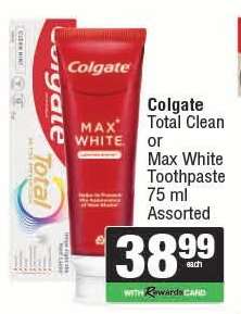 Colgate Total Clean or Max White Toothpaste