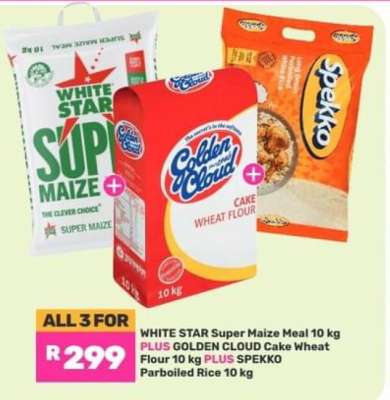 WHITE STAR Super Maize Meal 10 kg PLUS GOLDEN CLOUD Cake Wheat Flour 10 kg PLUS SPEKKO Parboiled Rice 10 kg