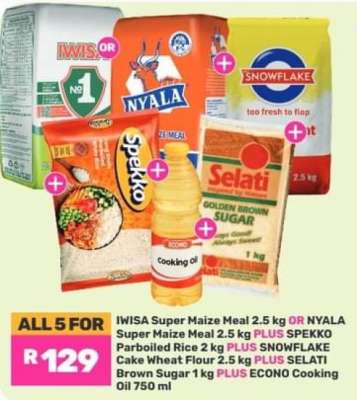 IWISA Super Maize Meal 2.5 kg OR NYALA Super Maize Meal 2.5 kg PLUS SPEKKO Parboiled Rice 2 kg PLUS SNOWFLAKE Cake Wheat Flour 2.5 kg PLUS SELATI Brown Sugar 1 kg PLUS ECONO Cooking Oil 750 ml