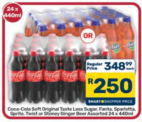 Coca-Cola Soft Original Taste Less Sugar, Fanta, Sparletta, Sprite, Twist or Stoney Ginger Beer Assorted 24 x 440ml