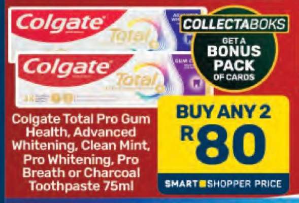 Colgate Total Pro Gum Health, Advanced Whitening, Clean Mint, Pro Whitening, Pro Breath or Charcoal Toothpaste 75ml