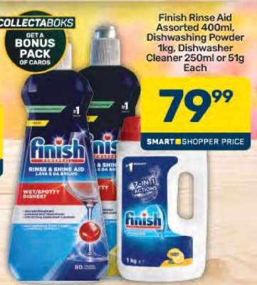 Finish Rinse Aid Assorted 400ml, Dishwashing Powder 1kg, Dishwasher Cleaner 250ml or 51g Each