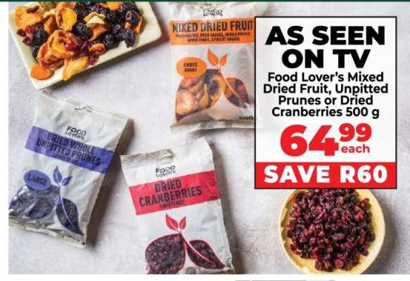 Food Lover’s Mixed Dried Fruit, Unpitted Prunes or Dried Cranberries 500 g