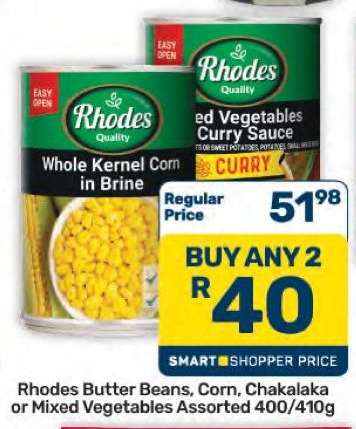 Rhodes Butter Beans, Corn, Chakalaka or Mixed Vegetables Assorted 400/410g