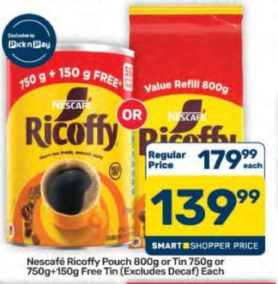 Nescafé Ricoffy Pouch 800g or Tin 750g or 750g+150g Free Tin