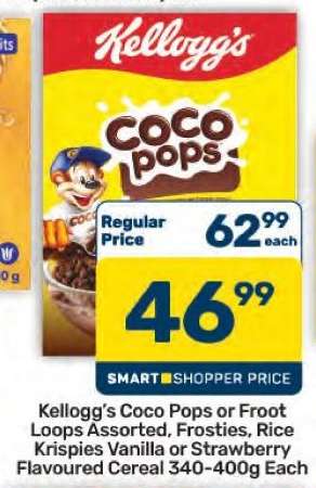 Kellogg’s Coco Pops or Froot Loops Assorted, Frosties, Rice Krispies Vanilla or Strawberry Flavoured Cereal