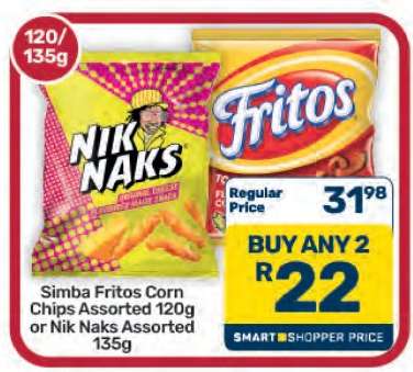 Simba Fritos Corn Chips Assorted 120g or Nik Naks Assorted 135g