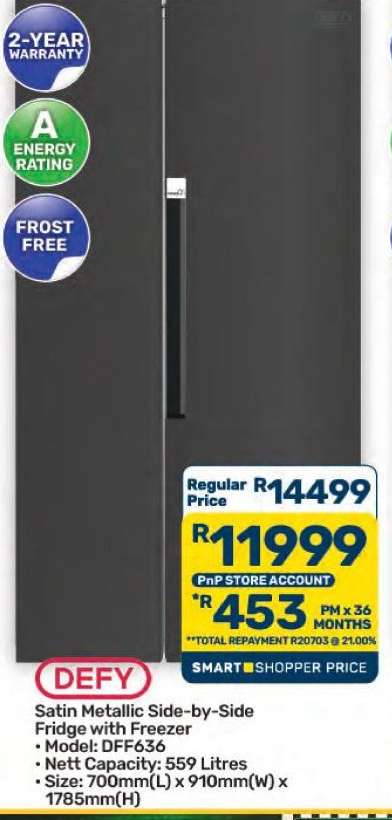 DEFY Satin Metallic Side-by-Side Fridge with Freezer