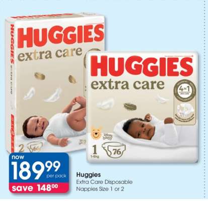 Huggies Extra Care Disposable Nappies Size 1 or 2