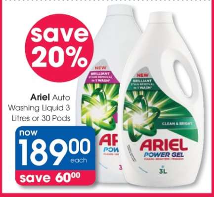 Ariel Auto Washing Liquid 3 Litres or 30 Pods