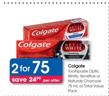 Colgate Toothpaste Optic White, Sensitive or Naturals Charcoal 75 ml, or Total Value Pack