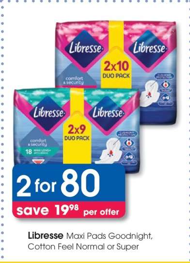 Libresse Maxi Pads Goodnight, Cotton Feel Normal or Super