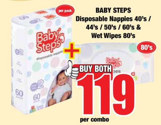 BABY STEPS Disposable Nappies 40's / 44's / 50's / 60's & Wet Wipes 80's